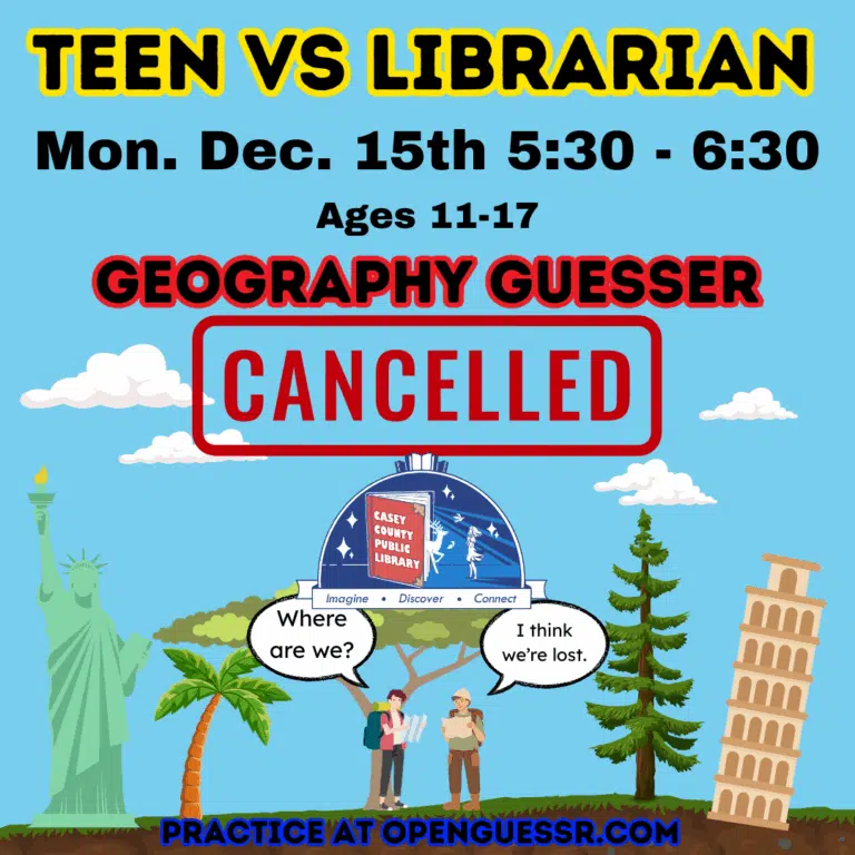 Teens Vs. Librarians is canceled this month. If you want to try what was going to be played go to openguessr.com
