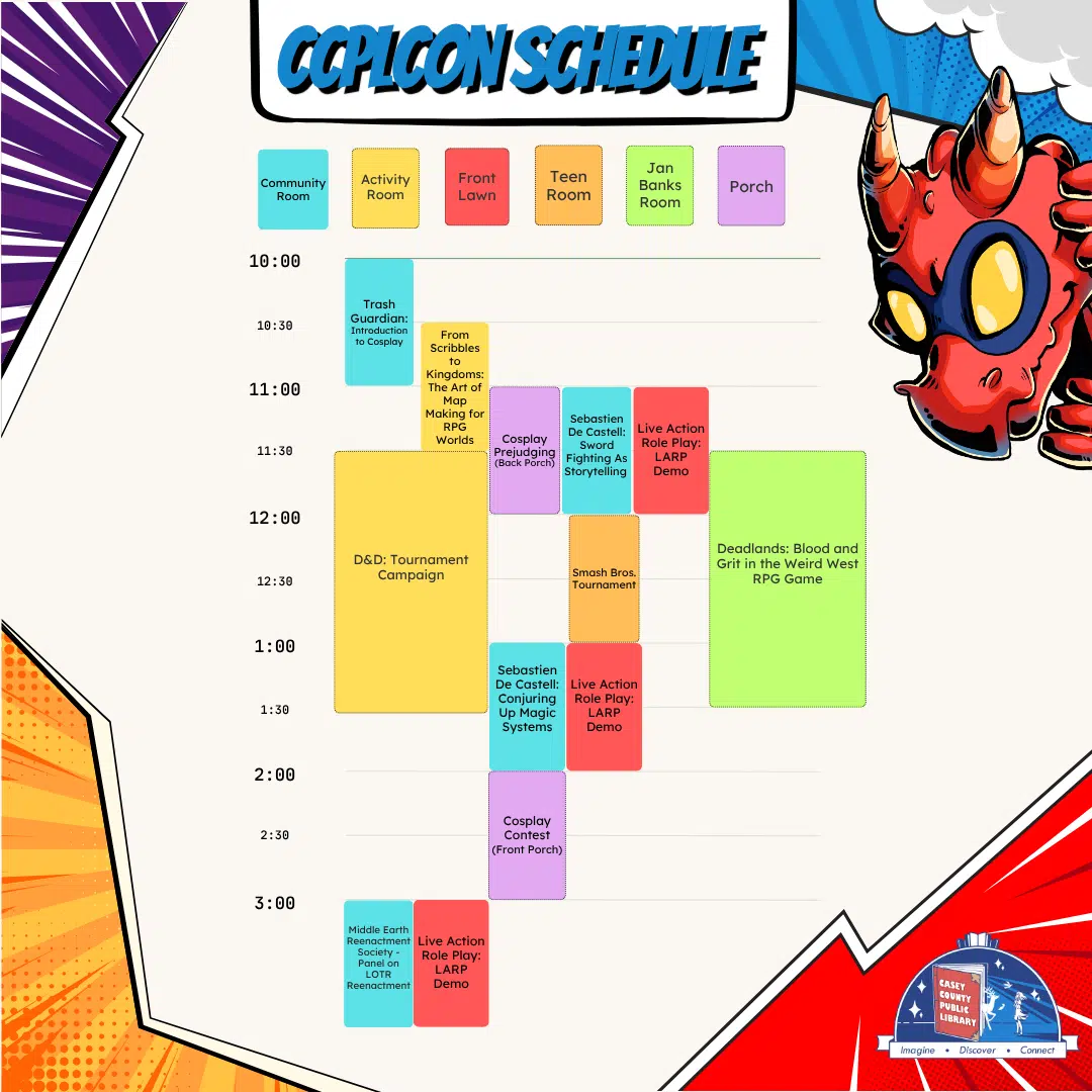 Panel - Trash Guardian: Introduction to Cosplay 10:00 AM til 11:00 AM Panel - From Scribbles to kingdoms: The Art of Map Making for RPG Worlds 10:30 Am til 11:30 Am Event - Cosplay Contest Prejudging 11 am til 12 pm Panel - Sebastien De Castell: Sword Fighting as story telling (Guest Author/Special Guest) 11 am til 12 pm Panel - Live Action Role play: LARP Demo 11am til 12 pm Event - Smash Bros. Tournament 12 pm - 1 pm Event - Dungeons and Dragons both games 11:30 Am til at least 2:30 Pm Signups are recommended Panel - Sebastien De Castell: Conjuring up Magic Systems (Guest Author/Special Guest) 2pm til 3 pm panel - Live Action Role play: LARP Demo 2pm til 3 pm Event - Cosplay Event 2pm til 3 pm Panel - Middle Earth Reenactment Society - Panel on LOTR Reenactment 3 pm to 4 pm Panel - Live Action Role play: LARP Demo 3pm til 4 pm